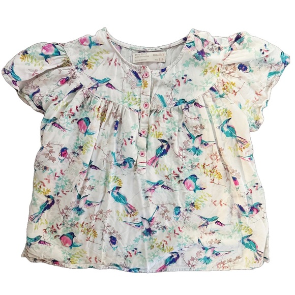Zara Kids Girls Toddler 5/6 Blue Bird Boho Shoet Sleeve White Top - Picture 1 of 3
